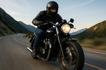 Fototapeta premium Man riding black motorcycle on winding mountain road during sunset wearing helmet and leather jacket, showcasing transport freedom concept.. Ai generative