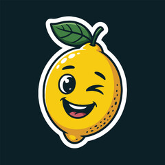A cartoon lemon with a winking eye and a big smile on a dark background with a white outline around it