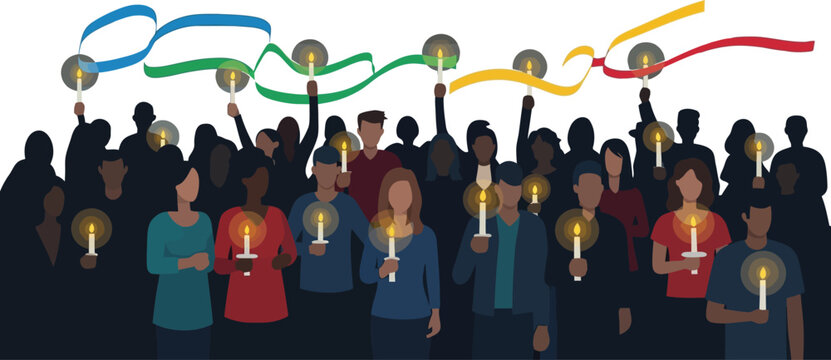 Vector art of diverse group of people holding candles and ribbons in the dark illustration