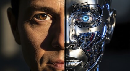 Duality of Humanity and AI: Split Portrait of a Human Face and a Robotic Face with a Glowing Eye, Symbolizing Transhumanism and the Future of Technology