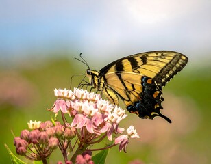 A yellow and black butterfly rests on a pink flowering plant