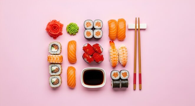 Creative flat lay arrangement of assorted sushi on a vibrant pink background