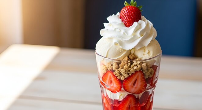 Delicious strawberry parfait with ice cream, whipped cream, and granola layers delight