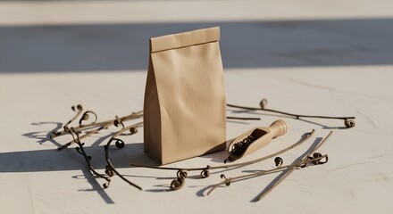 Elegant presentation of a brown paper bag with dried ferns and wooden spoon
