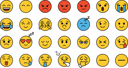 Collection of diverse yellow emoji faces expressing various emotions and moods isolated on transparent background