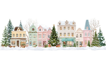 Colorful winter village scene with snow-covered homes, decorated trees, and festive atmosphere, showcasing architectural charm and holiday spirit