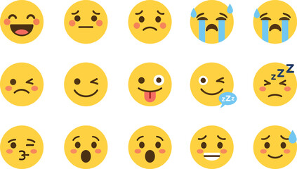 Collection of fifteen yellow oval emoji faces expressing a variety of emotions isolated on transparent background