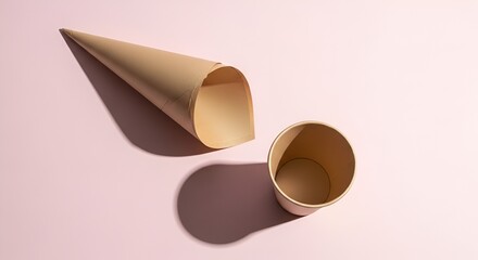 Minimalist flat lay of paper cone and cup on pastel pink background for presentation