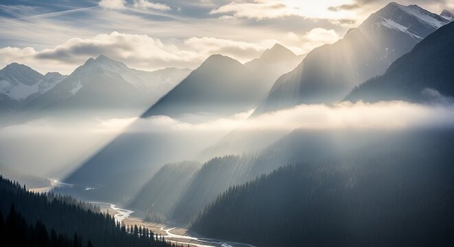 Majestic mountains and ethereal mist creating a serene landscape scenery - Powered by Adobe