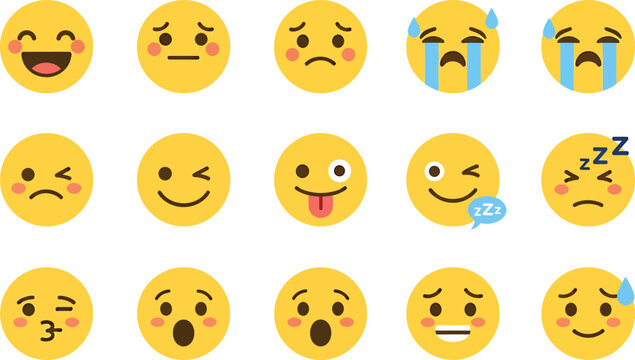 Collection of fifteen yellow oval emoji faces expressing a variety of emotions isolated on transparent background