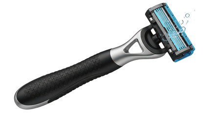 Obraz premium Modern Multiblade Shaving Razor With Water Droplets On Black
