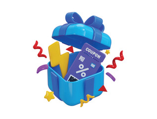 Open gift box with thunder bolt icon and coupon icon 3d render concept of sales and shopping, online discount coupon of cash, flash lightning on time notice, special offer promotion icon illustration