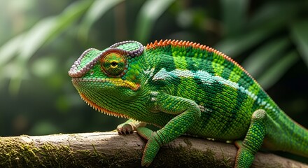 Vibrant Panther Chameleon on a Branch in Lush Rainforest Environment