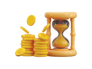 Hourglass with stake gold coins icon 3d render concept of glass sand clock with cash pile. Success investment, savings and wealth growth, bank deposit, business finance icon vector illustration