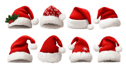 Cartoon vector set of Santa Claus red winter hats isolated on white resolution transparent PNG clipart for Christmas designs cards stickers and festive crafts
