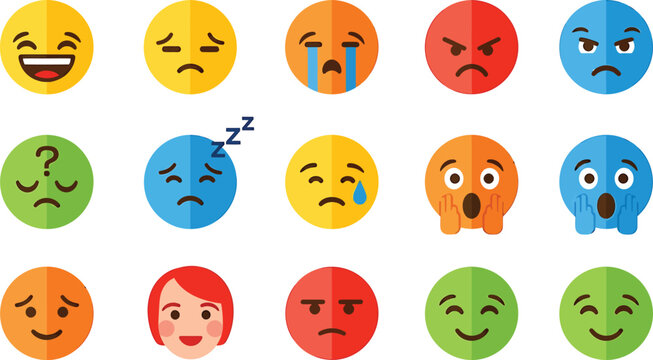 Collection of diverse cartoon emoji faces expressing various emotions and feelings isolated on transparent background