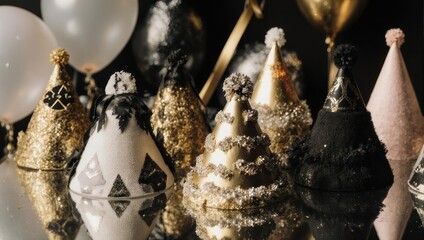 Sparkling Celebration with Festive Party Hats and Champagne Bottles.