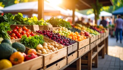 Fresh Produce Displayed at Farmers Market with Sunlight with Vegetables, Organic, and Healthy Eating.