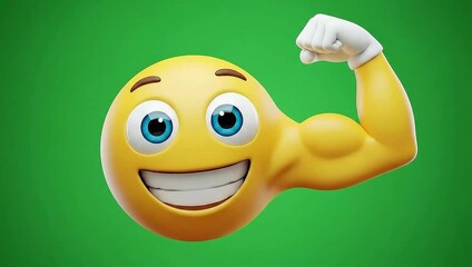 Strong 3D emoji character flexes bicep muscle, winks confidently in seamless animation loop isolated on green screen background. - Powered by Adobe