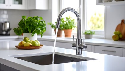 Fresh water flowing from kitchen faucet with with fruit and plants, and bright interior.