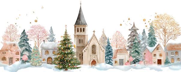 Snow-covered winter village scene featuring charming houses, a church, and decorated evergreen trees under a starry sky