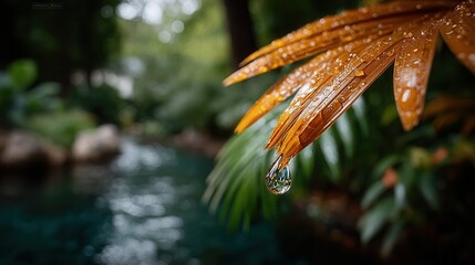 Golden tropical leaf glistens with fresh water droplets after rain, reflecting nature's beauty in a serene garden setting