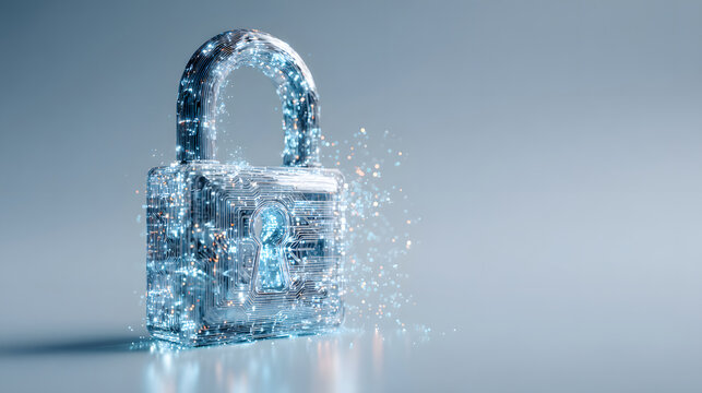 Digital Security Lock with Glowing Circuitry and Dissolving Particles