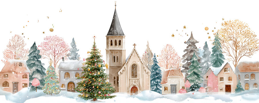 Snow-covered winter village scene featuring charming houses, a church, and decorated evergreen trees under a starry sky