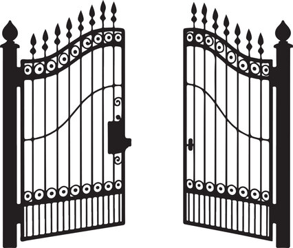 Ornate black wrought iron gates open wide decorative