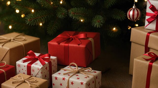 Festive video scene with gifts under a tree, shot from a low angle, warm lighting. Live desktop wallpaper.