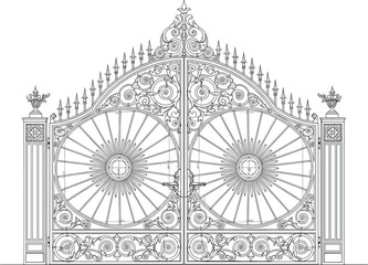 Ornate wrought iron gate, symmetrical design, decorative scrollwork, circular sunburst motif, floral patterns, architectural detail, vintage craftsmanship, elegant entrance, artistic metalwork