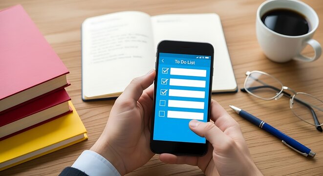 Person holding a smartphone with a login screen open surrounded by books coffee glasses and a pen suggesting study work or online access on a wooden desk - Powered by Adobe