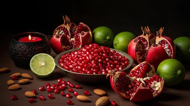 Still life of pomegranates, limes, almonds, and a candle