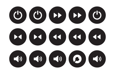 Black Media Control Icons Set.  Power, Volume, and Playback Buttons. Vector Illustration