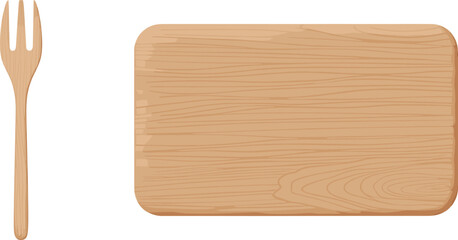 Wooden Fork and Rectangular Cutting Board Vector Illustration, Natural Kitchenware Utensils, Minimalist Cooking Preparation Surface Design