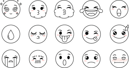 Collection of hand drawn cartoon emoji faces with various expressions isolated on transparent background