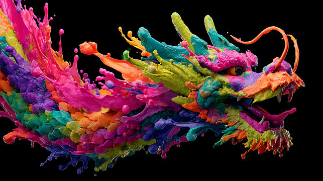 A dynamic splash of bright, interwoven paint ribbons bursts across a deep-black background, lively!!