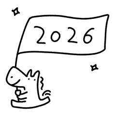 2026年のフラッグを持って走る笑顔の馬　新年の挨拶・モノクロ