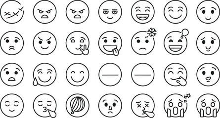Collection of hand drawn oval faces expressing a wide range of emotions isolated on transparent background