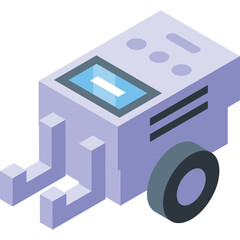 Isometric stylized representation of a light purple portable electronic device with a digital screen and a wheel against a white background ideal for technology and innovation concepts