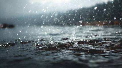 Raindrops creating ripples on a dark water surface