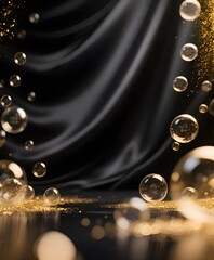 Ethereal Bubbles and Elegant Drapery Against a Dark Backdrop with Golden Sparkles