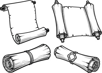 Collection of four hand drawn parchment scrolls and rolled documents in various open and closed positions