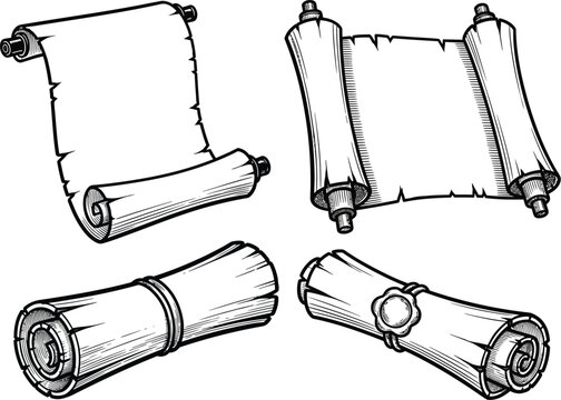 Collection of four hand drawn parchment scrolls and rolled documents in various open and closed positions