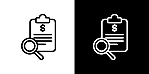 Linear symbol icon for financial auditing, expense report analysis, and budget inspection with a clipboard and magnifying glass for business