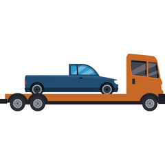 Orange Flatbed Tow Truck Transporting a Blue Pickup Truck Vehicle on a White Background with a Transparent Layer