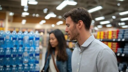 A man in a light shirt looks down in a store with a blurred woman and shelves of blue bottles in the background - Powered by Adobe