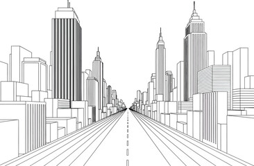 Black and white line drawing sketch of a futuristic city street with tall skyscrapers and a vanishing point perspective