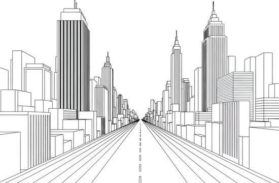 Black and white line drawing sketch of a futuristic city street with tall skyscrapers and a vanishing point perspective
