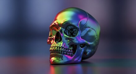 Vibrant Iridescent Skull with Rainbow Reflections on a Soft Gradient Background